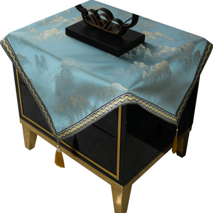 轻奢床头柜盖布垫新中式长方桌布冰箱盖巾防尘空调罩蓝色茶几台布