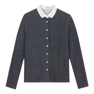 MIIWII末未24冬蓝杂花针织拼白领女士百搭衬衫C244501