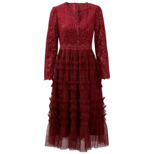 未风红色蕾丝连衣裙女秋冬2025冬新款女装显瘦裙子蛋糕裙过年战袍