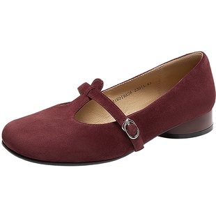 千百度羊皮酒红色低跟T字鞋玛丽珍鞋女秋季新款深口粗跟单鞋