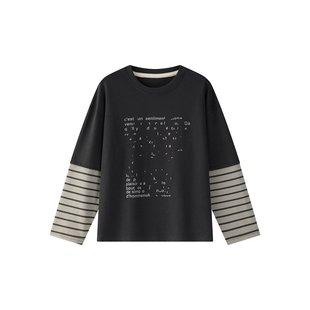 虾酱麻麻男童纯棉长袖t恤秋冬装2025新款假两件条纹上衣儿童体恤