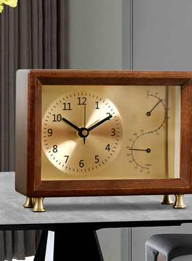 2024新款实木家用客厅台式静音钟表机械温湿度小座钟现代简约时尚
