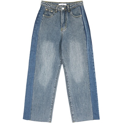 蓝色拼色阔腿小个子牛仔裤