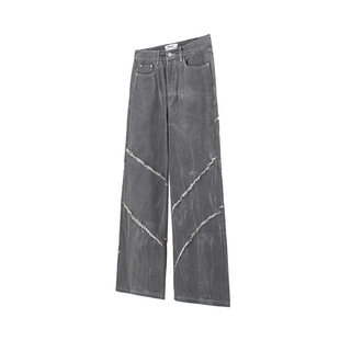 SILENTEX 复古牛仔裤男女烟灰刀割线垂感阔腿休闲裤