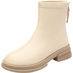 大东官方粗跟短靴女鞋冬季优雅圆头拼接后拉链中跟鞋1241E