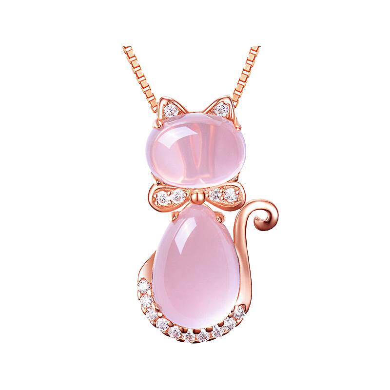S925纯银镀玫瑰金项链镶嵌芙蓉石粉水晶猫咪吊坠锁骨链女生日礼物