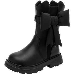 女童靴子儿童鞋子2025新款冬季中长筒高筒公主加绒女宝宝马丁皮靴