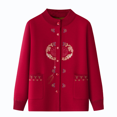 中老年人女奶奶装冬装加绒加厚妈妈针织衫毛衣老太太开衫秋冬外套