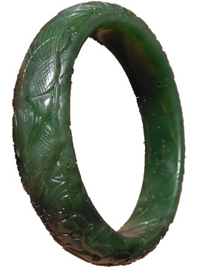 和田玉碧玉手镯雕刻凤戏牡丹