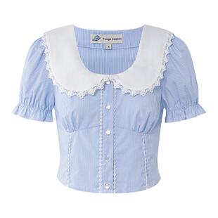 东京岁时记JK上衣娃娃领夏日泡泡袖收腰短袖衬衫蓝衬衫春日私语