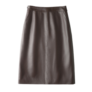 绵羊皮真皮皮裙半身裙女新款高腰显瘦百搭中长款开叉OL直筒包臀裙
