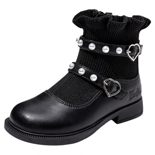 芭比女童马丁靴秋冬儿童中筒靴公主短靴小女孩加绒保暖雪地靴棉靴