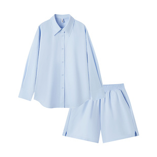 森马套装女中长款衬衫开叉A字短裤春新款女士纯色宽松两件套通勤