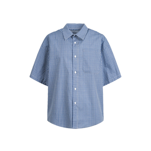 Dream made皇家蓝色格子短袖衬衫男款夏季设计感休闲男生衬衣外套