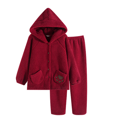 罗丝美秋冬新款羊羔绒睡衣女连帽全开襟长袖长裤家居服套装14265