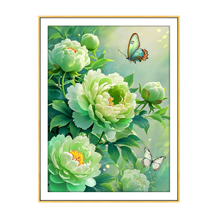 绿牡丹花十字绣2026新款高级客厅现代年轻人大气花卉简单手工刺绣