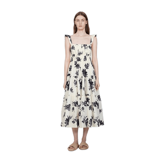 Fabrique 荷叶边小飞袖吊带郁金香印花平纹哑光棉连衣裙