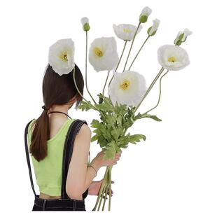 高枝白色虞美人假花仿真花套装绿植花艺室内家居装饰优雅摆件摆设