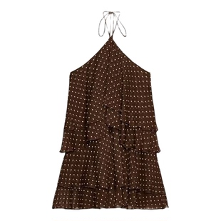 ZA外贸出口复古显白巧克力波点叠层装饰挂脖领连衣裙4661311 747