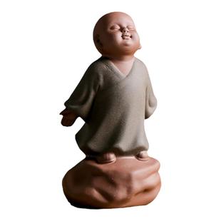 中式紫砂可爱小和尚摆件禅意手工陶瓷小沙弥公仔创意书桌小装饰品