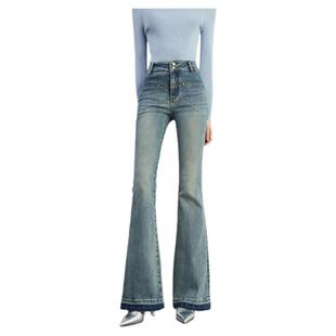 DPLAY2025秋季复古高腰蓝色牛仔裤女微喇裤做旧磨毛弹力修身长裤