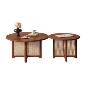 中古风实木藤编圆形茶几小户型家用原木风沙发边几日式极简茶桌子