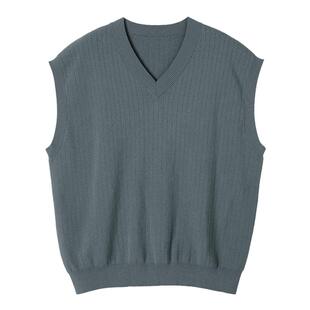 16针四空织造 抽针暗条纹肌理 精纺长绒棉 落肩宽松V领马甲男春秋