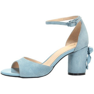 Aee/爱意女鞋夏季羊皮绒绑带一字扣粗跟鱼嘴高跟凉鞋女1617203023