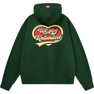 ecko红犀牛  爱心印花重磅连帽抓绒情侣墨绿卫衣2025秋季新款外套