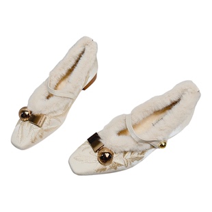 国风新中式加绒兔毛毛鞋女外穿冬季新款气质旗袍粗跟玛丽珍单鞋子