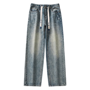 马切达春季男款抽绳美式经典款牛仔长裤直筒潮牌百搭宽松休闲裤