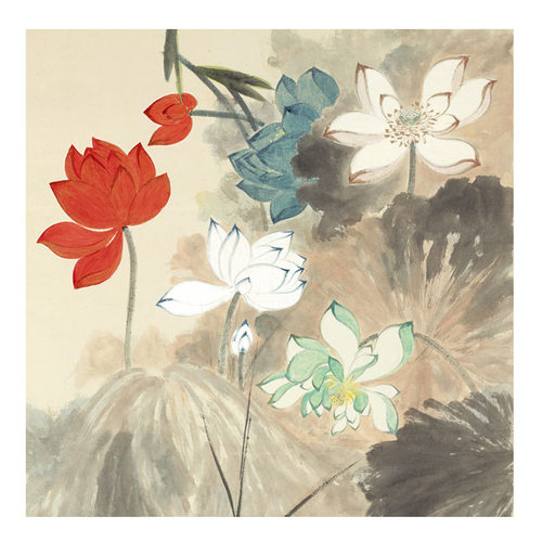 张大千五色荷花真迹复制高清微喷打印水墨画花鸟国画卷轴装饰挂画_虎窝淘