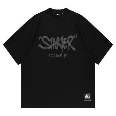 STARTERT恤新款100%棉圆领黑白宽松字母印花纯棉运动休闲短袖上衣