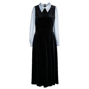 罗衣法式丝绒假两件黑色连衣裙女春轻职场拼接缎面中长裙子09858