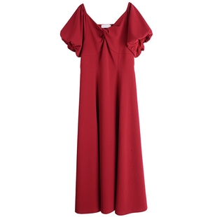 高级感通勤显瘦红色长裙子胖莹莹大码女装夏季别致扭结收腰连衣裙