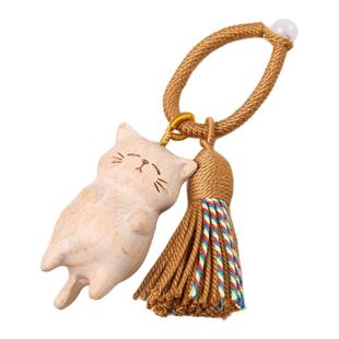 天然实木榉木福气猫钥匙扣挂件木雕猫咪文玩配件手工diy挂件饰品