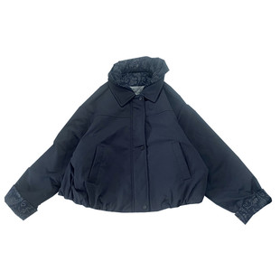 冬季女新款连帽拉链宽松藏青色棉服女夹棉休闲时尚短外套显瘦