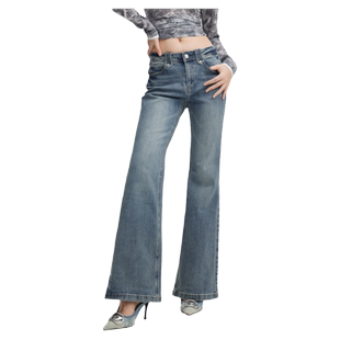 ONLY2025冬季新款通勤复古磨白做旧水洗低腰微喇裤长裤牛仔裤女