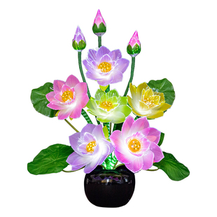 盆景花七彩灯光纤荷花灯LED莲花灯佛灯佛前供花感应灯睡莲供佛家