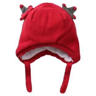 艾贝小熊宝宝冬季加绒帽子可爱麋鹿造型护耳帽加厚儿童针织保暖帽
