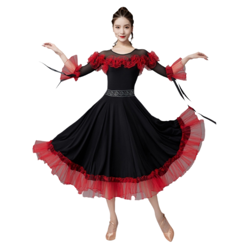 国标舞裙新款2026比赛表演出摩登华尔兹交谊际舞蹈大摆烫钻连衣裙