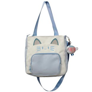 可爱小清新小猫咪斜挎包学院大容量单肩托特包学生上课补习手提袋