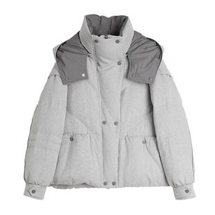 ELLE90白鸭绒灰色短款连帽羽绒服女2025冬季新款休闲拼接保暖外套