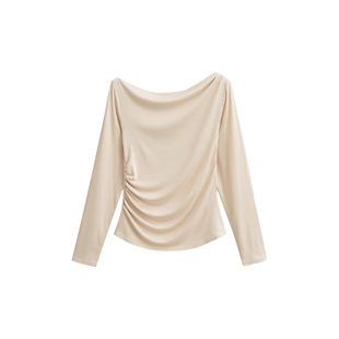 alex stevens设计感一字斜肩露肩薄款长袖t恤女秋上衣荡领打底衫