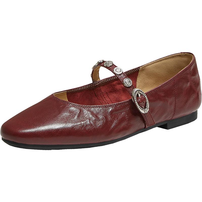 【叶一茜同款】百思图莫奈花园25秋新款羊皮玛丽珍浅口女红色单鞋