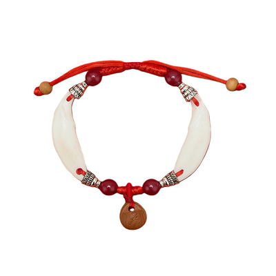 【徐州宝莲】正品双黑狼狗牙本命年红绳手串朱砂桃木篮手脚链