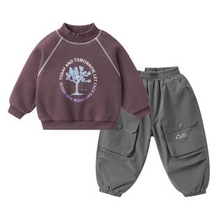 右欧男童女童加绒毛衣工装裤套装儿童冬季保暖加厚两件套新款童装