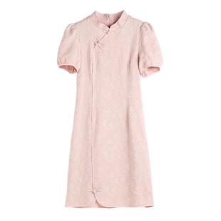 改良旗袍新中式国风连衣裙女2026夏季爆款小个子盘扣提花显瘦裙子