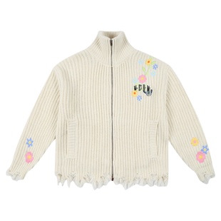 MEDM 高领过肩花刺绣开衫毛衣潮牌慵懒风拉链针织衫情侣外套秋冬