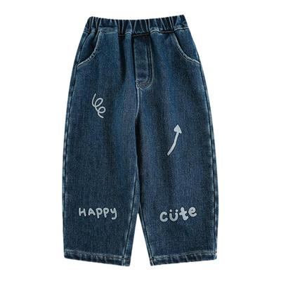 幼悠男童2025新款涂鸦印花牛仔裤冬季流行加绒加厚儿童百搭裤子潮